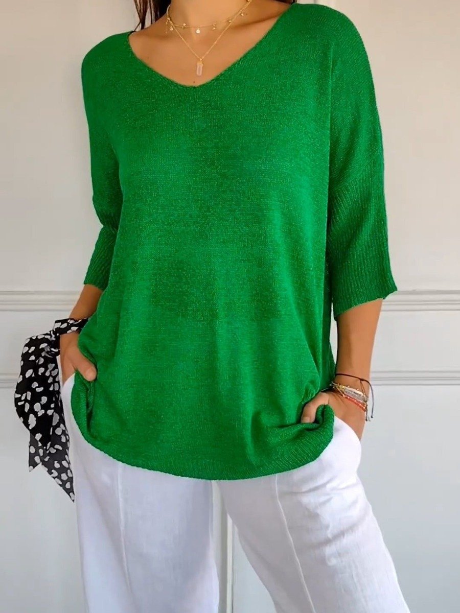 Solid knit top with V-neck