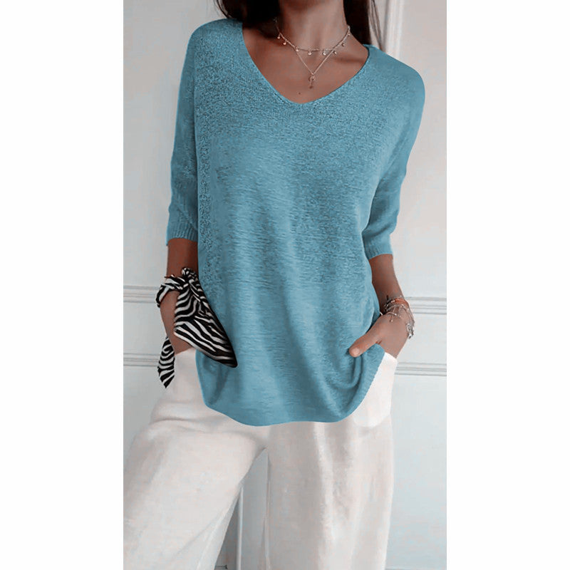 Solid knit top with V-neck