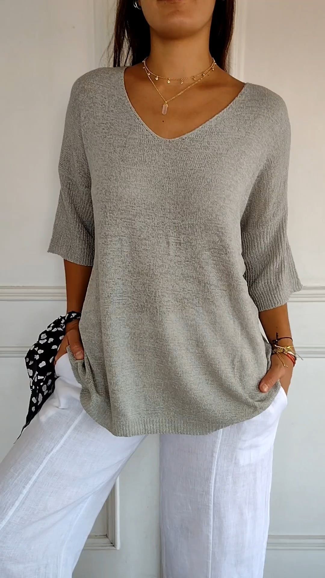 Solid knit top with V-neck