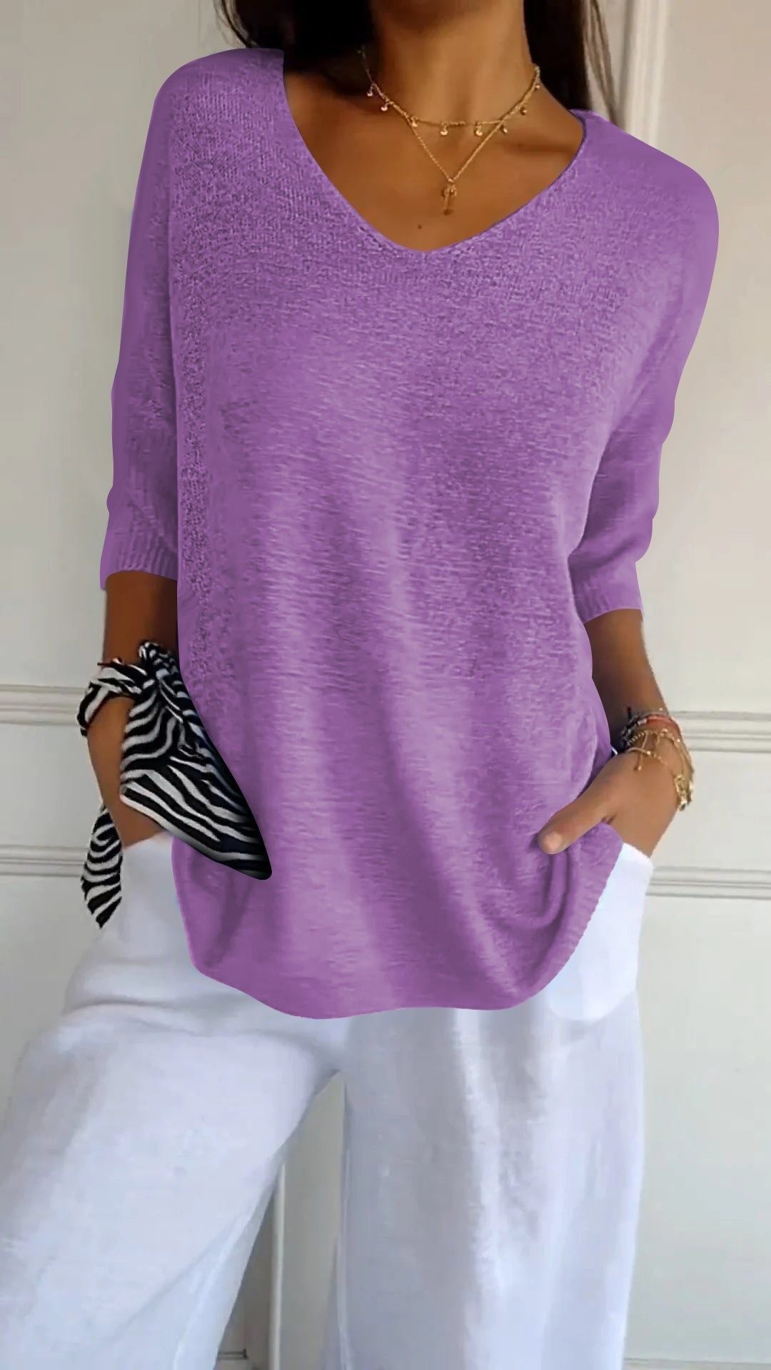 Solid knit top with V-neck
