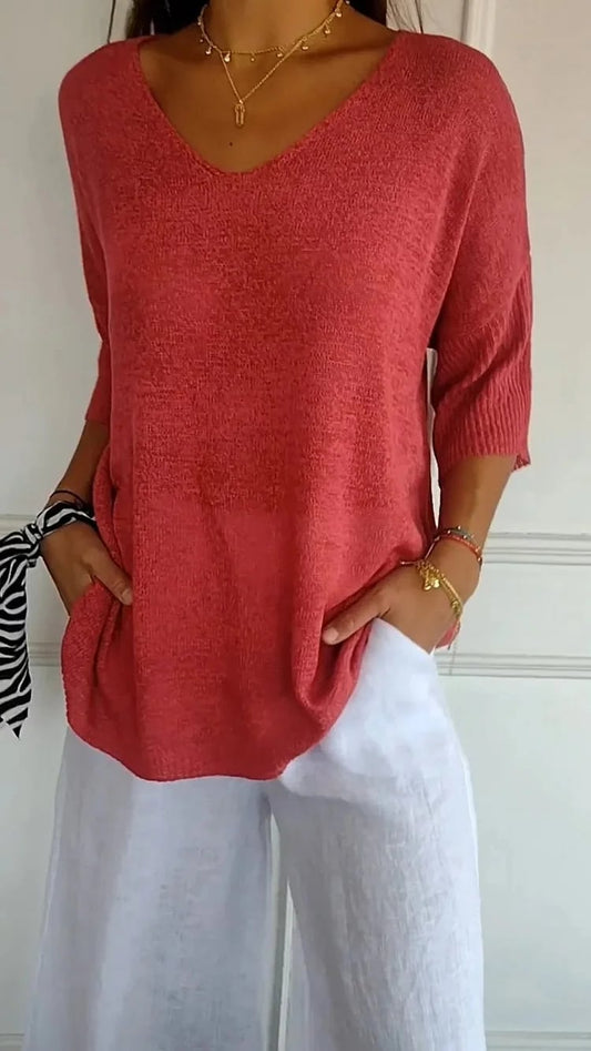 Solid knit top with V-neck