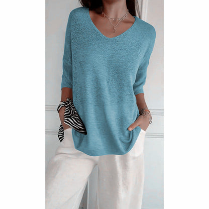 Solid knit top with V-neck