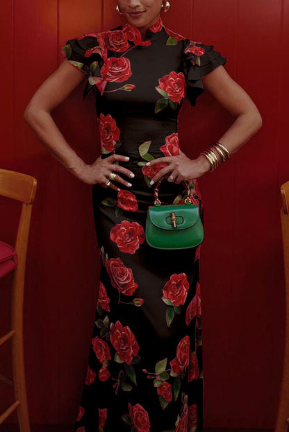 Cheongsam Style Rose Floral Print Tiered Flare Sleeve Stretch Maxi Dress
